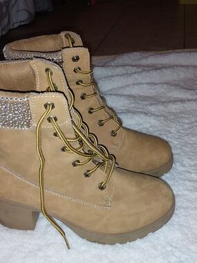 Women's Tan Lace-Up Ankle Boots with Rhinestone Collar